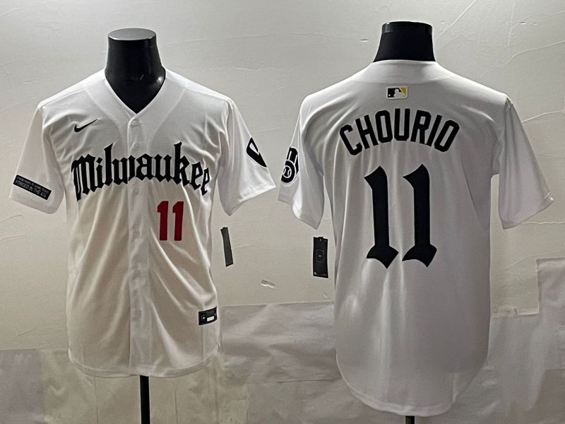 Men 2025 Milwaukee Brewers #11 Chourio White Five generations Joint Name Nike MLB Jersey style 06